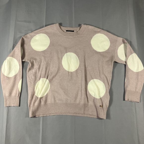 Tahari Sweater Womens Large Pink Ivory Polka Dot Crewneck Pullover Soft Knit Top - Picture 1 of 13